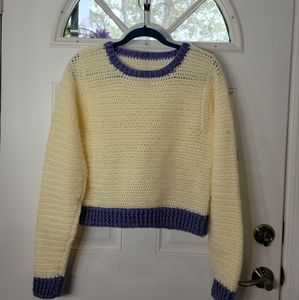 Hand knitted Wool Sweater in Cream with Lilac trim Size S/M